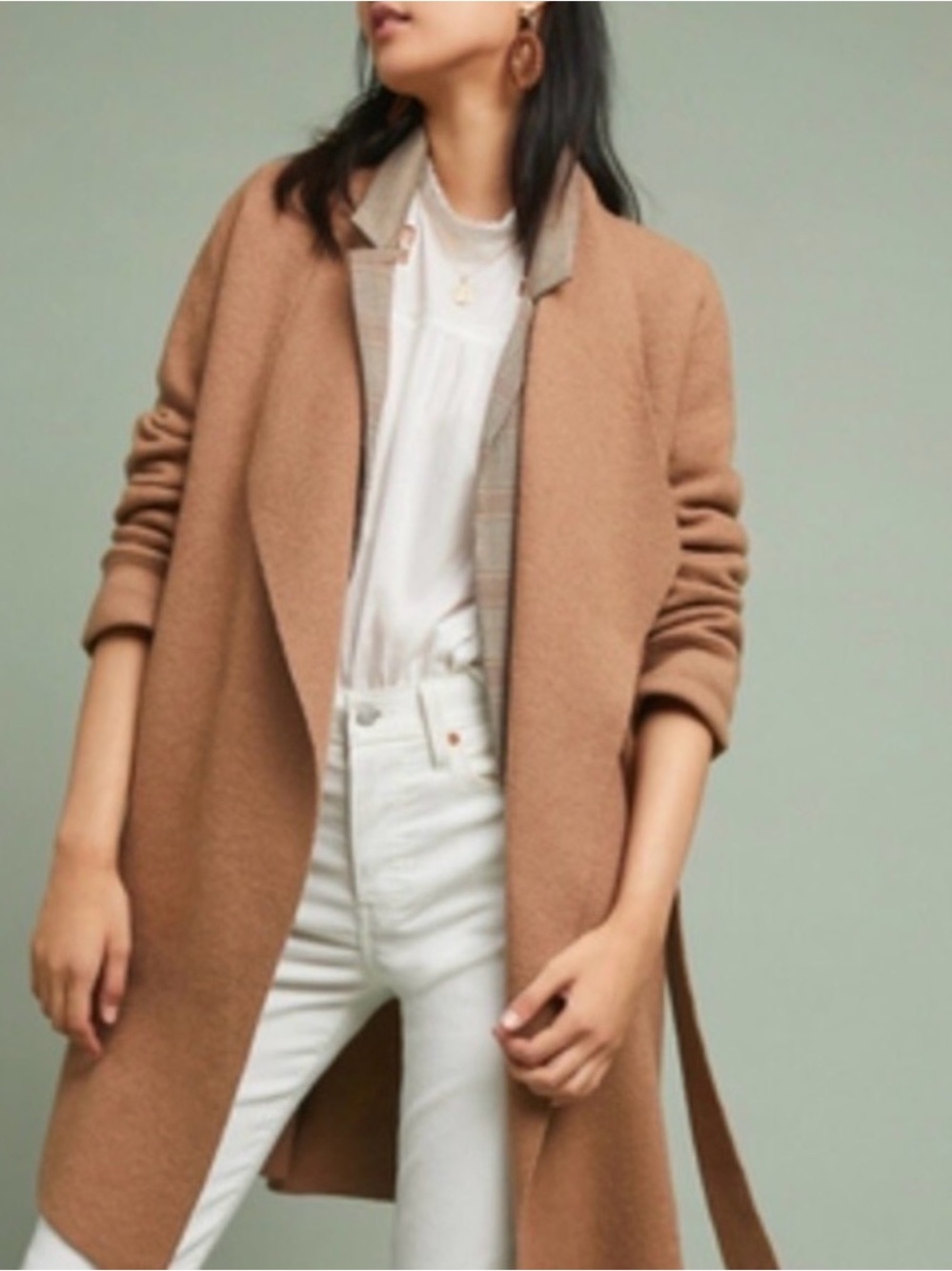 Anthropologie MOTH Mayella Wool Camel Brown Knit Coatigan Wrap Sweater L Fall
